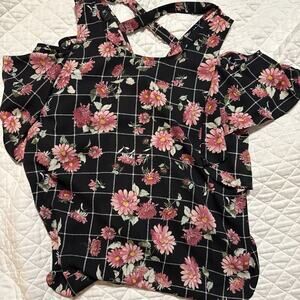 BCX women Blouse Floral Print Cold Shoulder Top Black Shirt Flow Scoop L